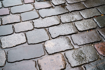 wet old granite pavement closeup