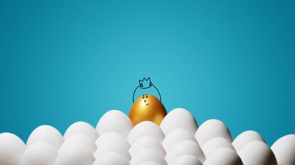 Concept of individuality, exclusivity, better choice, winning and ambition. A smiling golden egg...