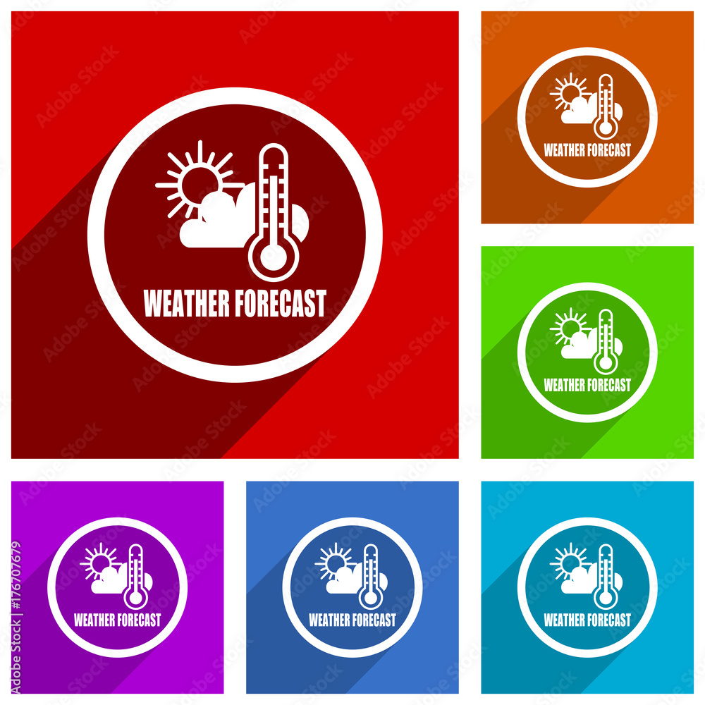 Poster weather forecast flat design vector icon set. colorful buttons for web design and smartphone and mob