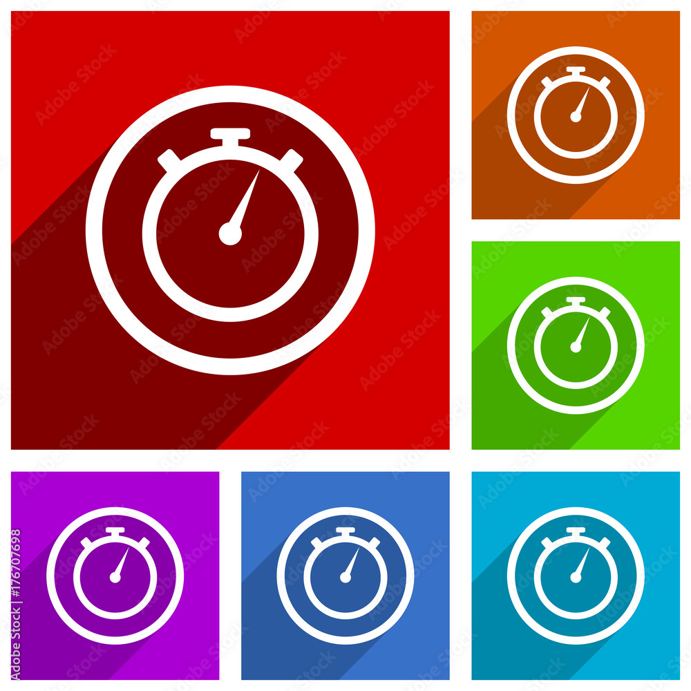 Leinwandbilder stopwatch flat design vector icon set. Colorful buttons for web design and smartphone and mobile phone applications