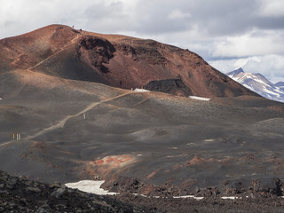 Brown lava fields and hiking trail around the volcano Eyjafjallajokull