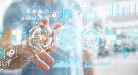 Businessman using holograms datas on digital screens 3D rendering