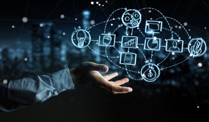 Businessman using manuscript project presentation with his hand