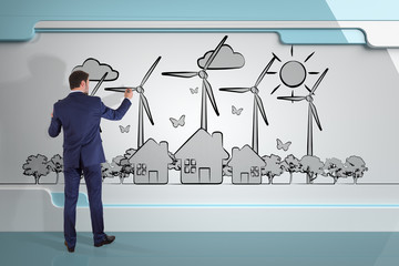 Businessman drawing renewable energy sketch on a board 3D rendering