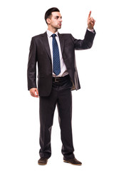 Full-length portrait of business man pushing something who wears suit with tie