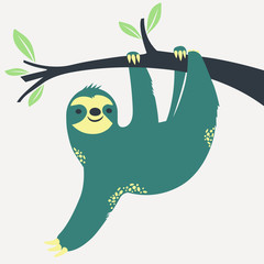 Sloth hanging on the tree. Vector illustration.