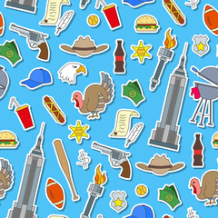 Seamless pattern on the theme of journey in the country of America, simple sticker icons on blue background