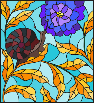 Illustration in stained glass style with a snail and a blue flower against greens 