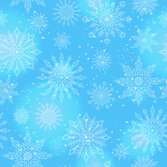 Seamless pattern on the theme of winter and winter holidays, the contour of the snowflake and flare, white snowflakes on a blue background