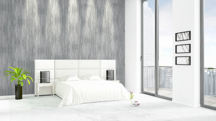 Brand new white loft bedroom minimal style interior design with copyspace wall and view out of window. 3D Rendering.