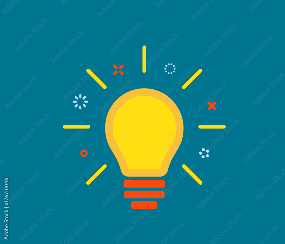 Poster creative idea with light lamp bulb, line rays, design element on dark background