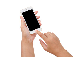 Fototapeta na wymiar closeup hand using phone isolated on white.