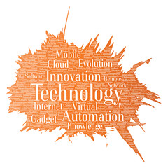 Vector conceptual digital smart technology, innovation media paint brush word cloud isolated background. Collage of information, internet, future development, research, evolution or intelligence