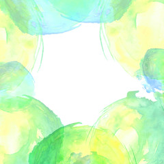 Watercolor background, frame with round elements, splash paint, blot, yellow, green, blue. On a white background. Watercolor card, invitation. For decoration and design. 