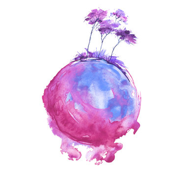     Watercolor abstract round spot, blot on white isolated background. purple, pink trees on the planet Earth. blue, purple, pink colors. Ecological abstract art illustration. 