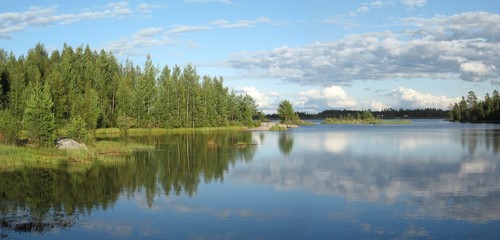 Beautiful lakeside scenery panorama of pristine nature