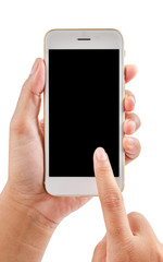 Hands holding and touching on mobile smartphone.