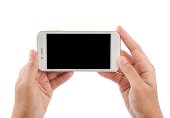 hand using phone isolated on white.