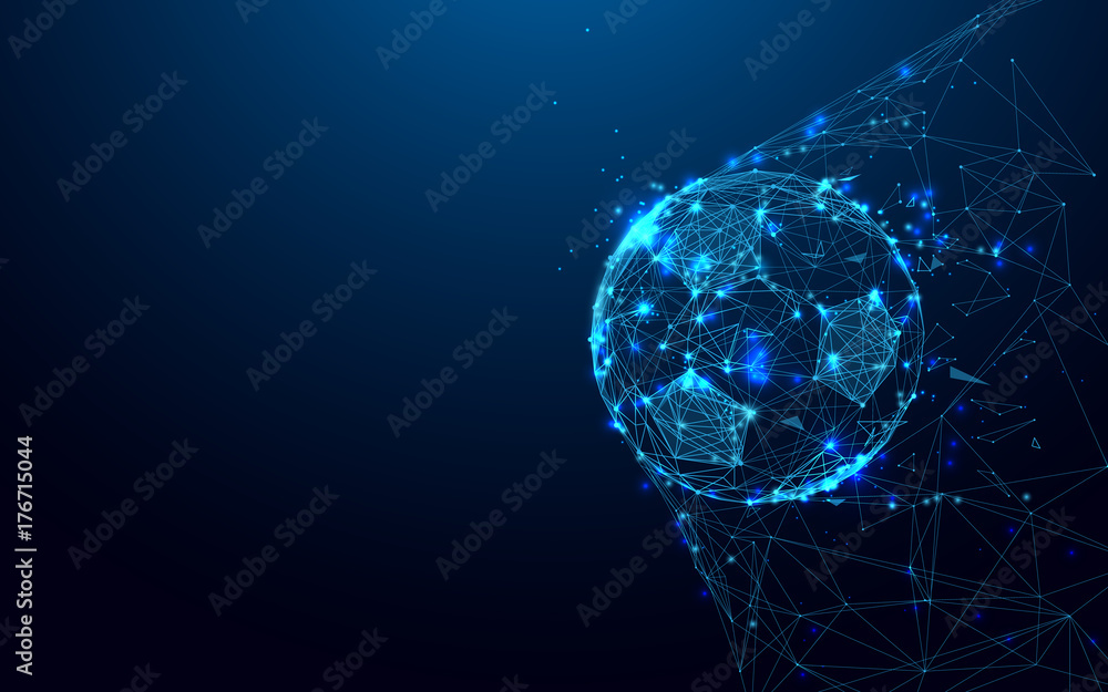 Poster soccer ball in goal from lines and triangles, point connecting network on blue background. illustrat