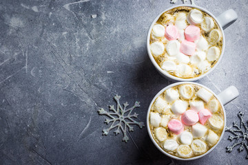 Christmas hot drink with marshmallows.  Top view, space for text.