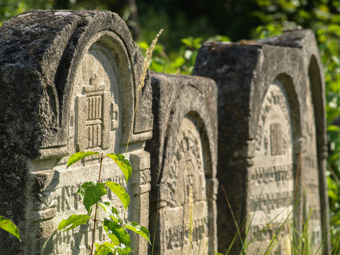 Close up of old jewish grave monuments. Horizontal image