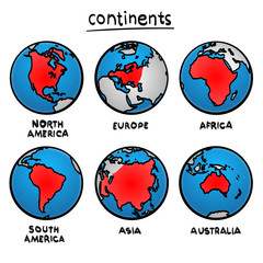 Sketch drawing continents, Planet continent Europe, Planet continent Asia, Planet continent America, Planet continent Australia, Planet continent Africa, Vector illustration