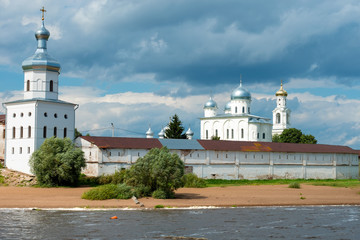 The architectural ensemble of The St. George's (Yuriev)Orthodox Male Monastery on the bank of The Volkhov River. Veliky Novgorod. Russia.