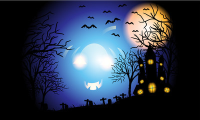 Halloween pumpkins and dark cross, bats, tree and grave on light red-orange Moon and dark-blue castle background, illustration.