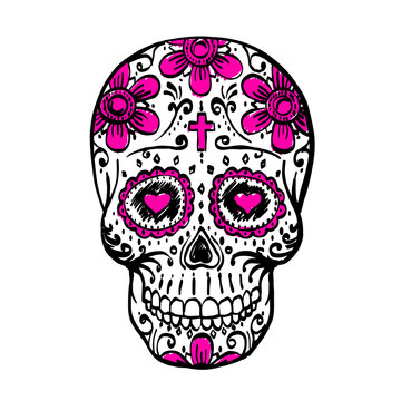 Day Of The Dead Skull sketch. Draw skull sugar flower. Skull tattoo. Vector illustration