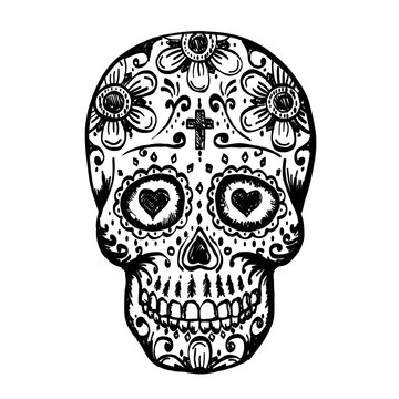 Day Of The Dead Skull sketch. Draw skull sugar flower. Skull tattoo. Vector illustration