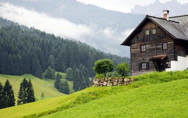 A small Austrian village on a foggy morning.