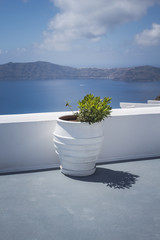 Traditional Greek Flower pot sitting on a terrace overlooking the sea taken on the island of...