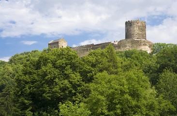 Ruins of medieval castle situated on the top of high hill covered with forest against cloudy sky in Bolkow, Poland