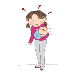 Puzzled young mother holding her crying baby boy. What to do? Why it is crying? Original hand drawn illustration.