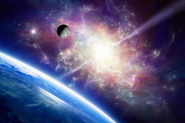 Planet Earth in space, Moon orbits around Earth, spiral galaxy