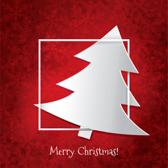 Christmas card. White Christmas tree on red snowflake background and square