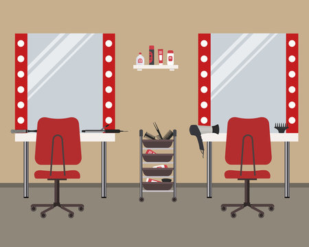 Interior of a hairdressing salon. Beauty salon. There are tables, red chairs, mirrors, hair dryer, combs and other objects in the picture. Vector illustration.