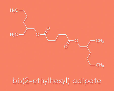 Bis(2-ethylhexyl) adipate (DEHA, diisooctyl adipate) plasticizer molecule. Skeletal formula.