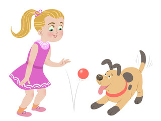 Young girl playing with the pet dog