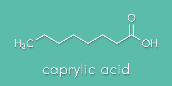 Caprylic (octanoic) acid. Medium-chain fatty acid, used as antimicrobial agent, food supplement and chemical intermediate. Skeletal formula.