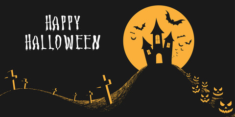 Halloween night background with castle, full moon, scary pumpkins, bats and graveyard. Happy halloween banner or greeting card.
