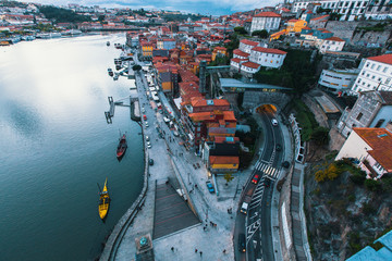 Bird's-eye view Douro river and Ribeira at dusk, Porto, Portugal..