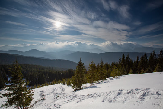 Beautiful landscape of winter Carpathian mountains