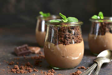 Pots with chocolate pudding,chocolate ground and plant.