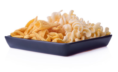 snacks  and Crunchy corn in dish black isolated on a white background.