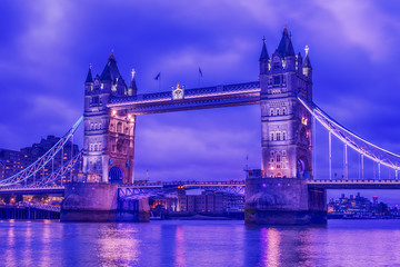 Fototapeta na wymiar London, the United Kingdom: Tower Bridge on River Thames at night