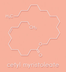 Cetyl myristoleate food supplement molecule. Cetylated fatty acid that may have anti-inflammatory properties. Skeletal formula.