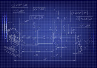 Fototapeta premium Machine-building drawings on a blue background