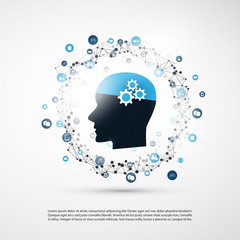 Machine Learning, Artificial Intelligence and Networks Design Concept with Icons and Human Head