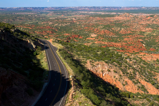 Scenic Texas Hwy 207, known as Hamblen Drive, runs through red-rock canyon country in the Panhandle